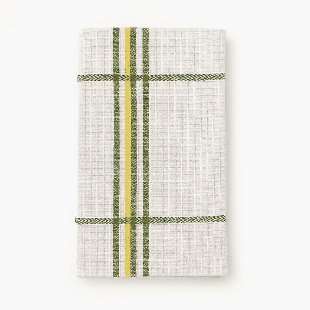 White waffle weave dish towel with green and yellow stripes, neatly folded on white background for hotel use.