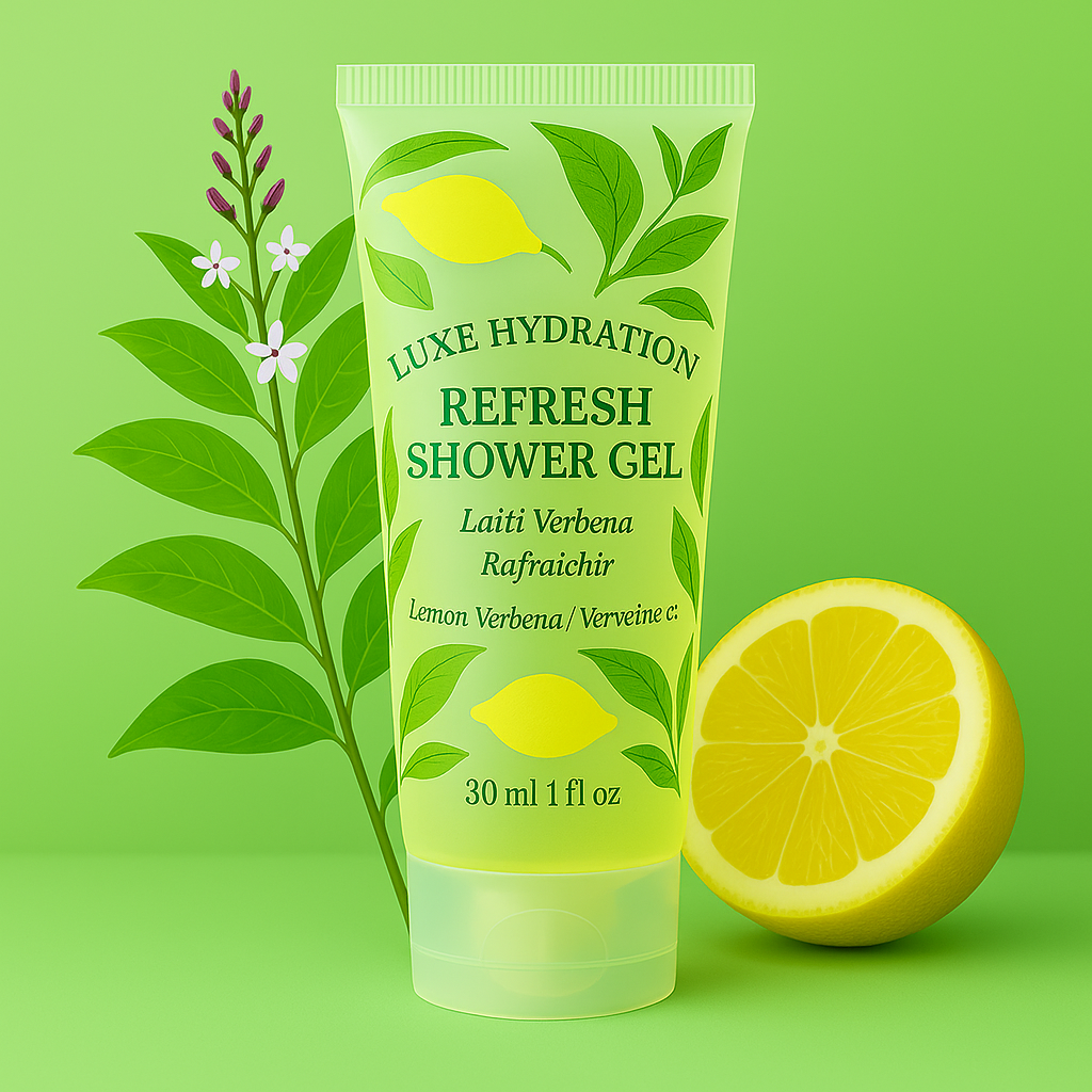 Luxe Hydration shower gel 30ml with lemon verbena fragrance. Designed for guest bathrooms in hotels, inns, and short-term rentals.