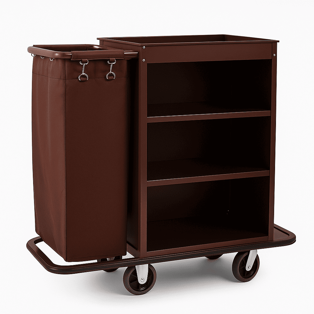 Housekeeping cart for cleaning supplies and hotel service, durable rolling trolley for efficient janitorial and hospitality operations