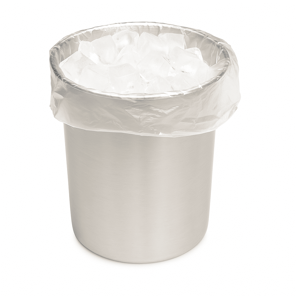 Stainless steel ice bucket with clear plastic liner and ice cubes, perfect for hotel rooms, resorts, and hospitality service.