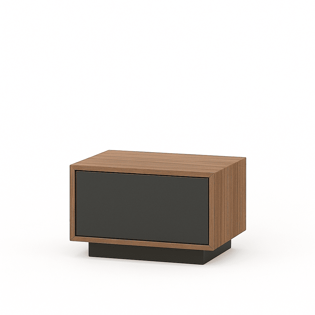 Modern floating nightstand in walnut wood with matte black drawer, minimalist design for hotels and resorts.
