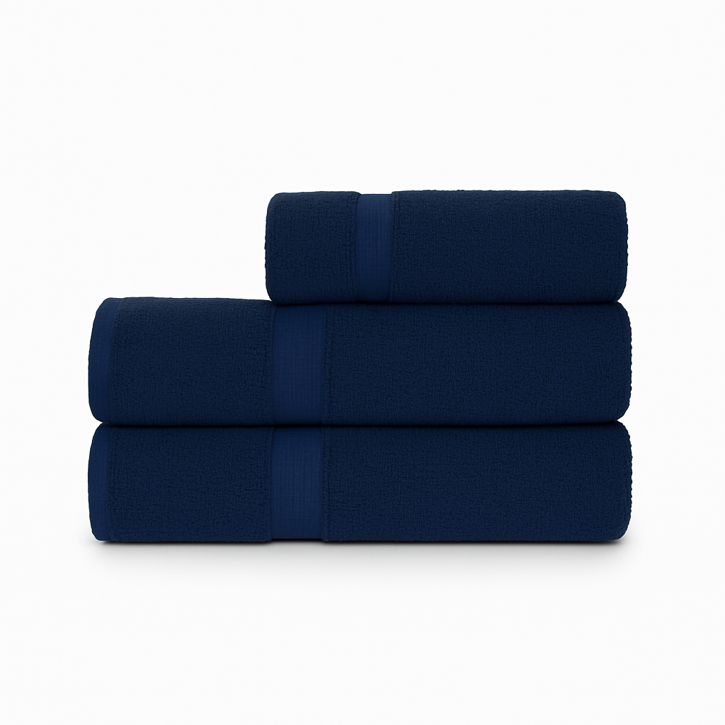 Affordable essential 3-piece navy towel set made from 100% combed cotton, soft and durable, perfect for hotels, spas, Airbnbs, or everyday home use