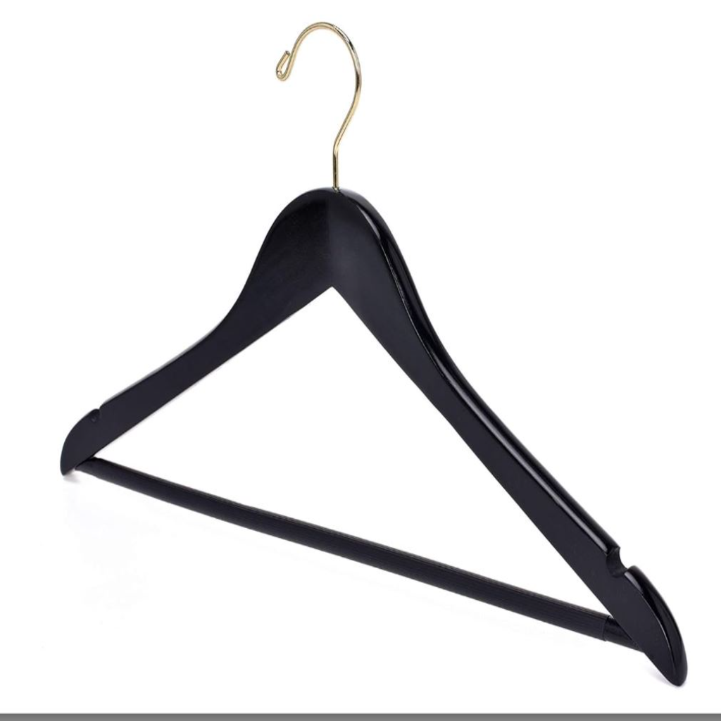 black wooden clothes hanger with a chrome swivel hook and rounded bottom bar