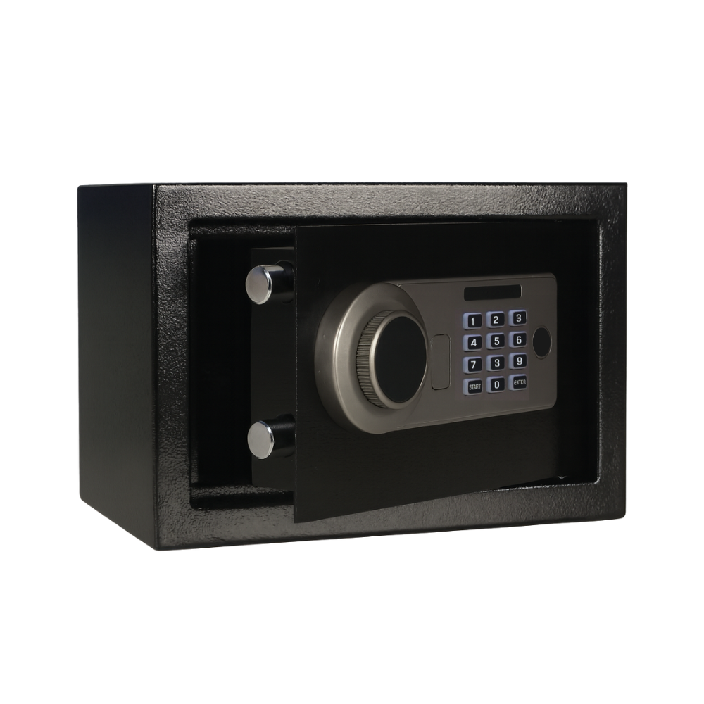 Black safe box with electronic keypad for secure storage. Perfect for hospitality use.
