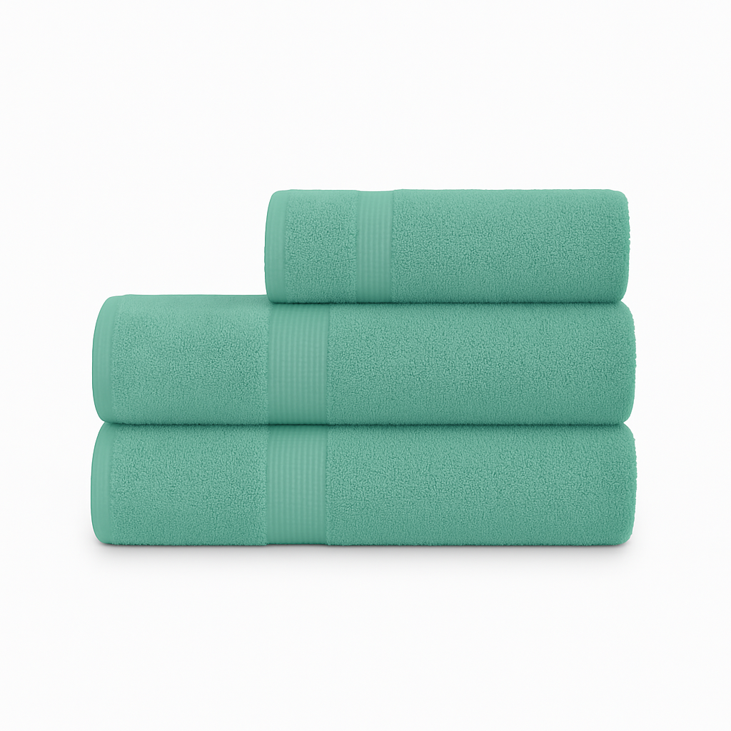 Affordable essential 3-piece sea foam towel set made from 100% combed cotton, soft and durable, perfect for hotels, spas, Airbnbs, or everyday home use