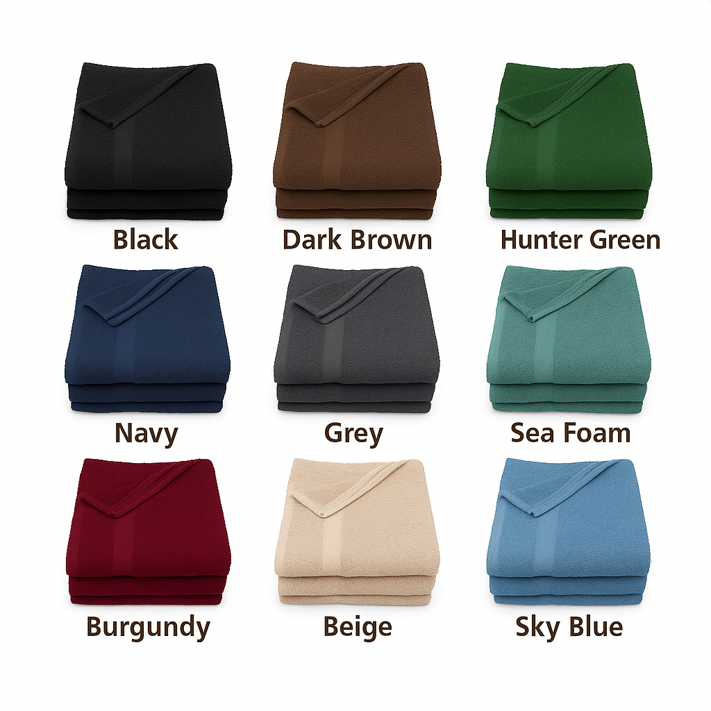 Set of folded 100% combed cotton towels in nine vibrant colors, ideal for hotels, spas, Airbnbs, or homes. Soft, absorbent, and quick-drying.