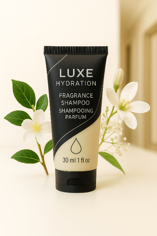 30ml luxe hydration Shampoo 30ml with elegant white tea and bergamot fragrance. Designed for hotels, Airbnb, and spa-inspired kits.