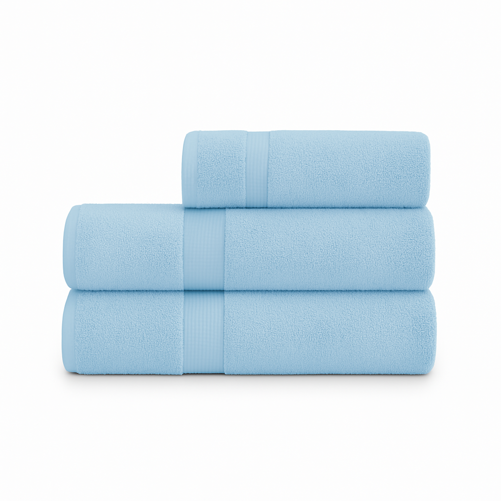 Affordable essential 3-piece sky blue towel set made from 100% combed cotton, soft and durable, perfect for hotels, spas, Airbnbs, or everyday home use