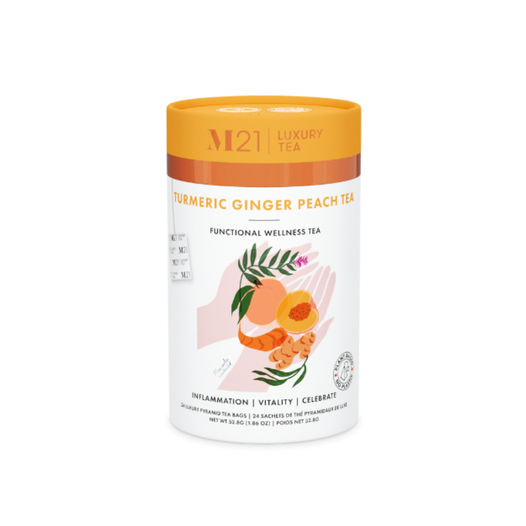 Zesty turmeric ginger peach tea with a fruity kick. A flavorful, caffeine-free blend for immunity and daily wellness.