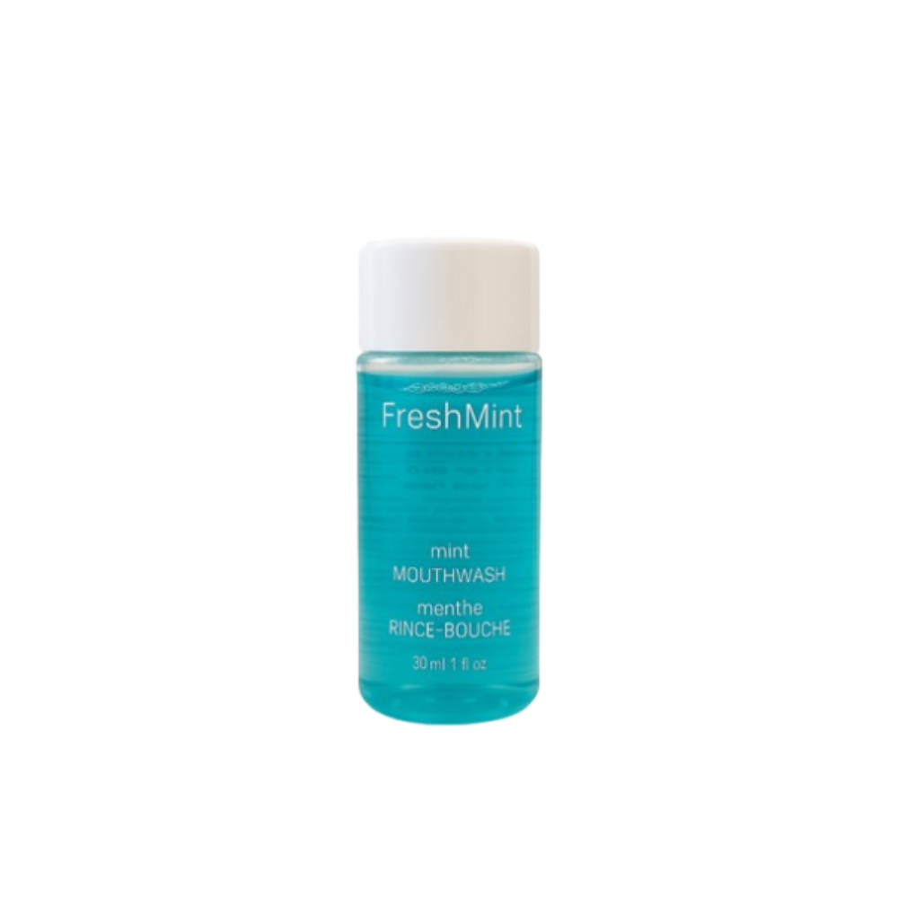 Alcohol-free Fresh Mint mouthwash in 30ml bottle, refreshing and gentle, ideal for travel, hotels, and guest hygiene kits