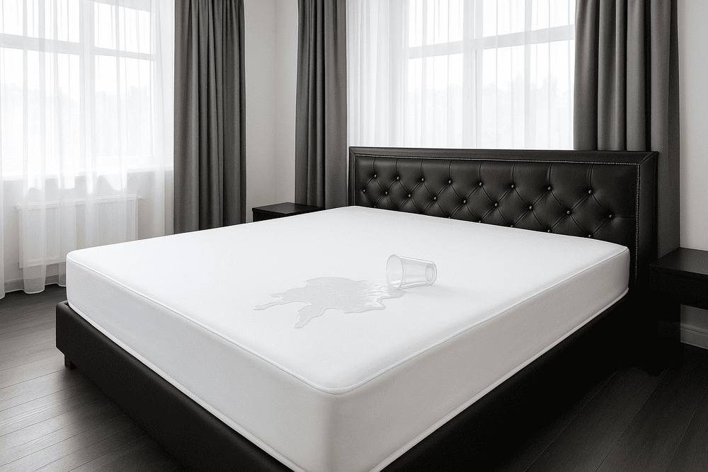 Waterproof mattress protector with small water spill on bed, soft and clean hotel-style bedroom.