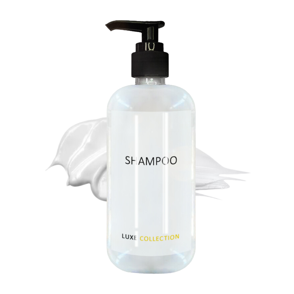Luxe Collection white shampoo whit black pump. 300 ml formula perfect for hotels, resort, Airbnb and hospitality use.