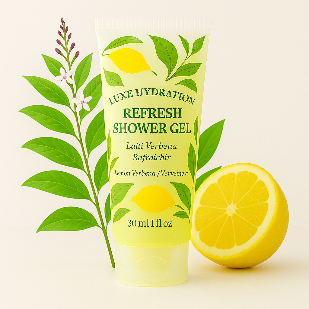 30ml lemon verbena shower gel for upscale hotels and Airbnb. Single-use size, ideal for travel and bulk amenities.