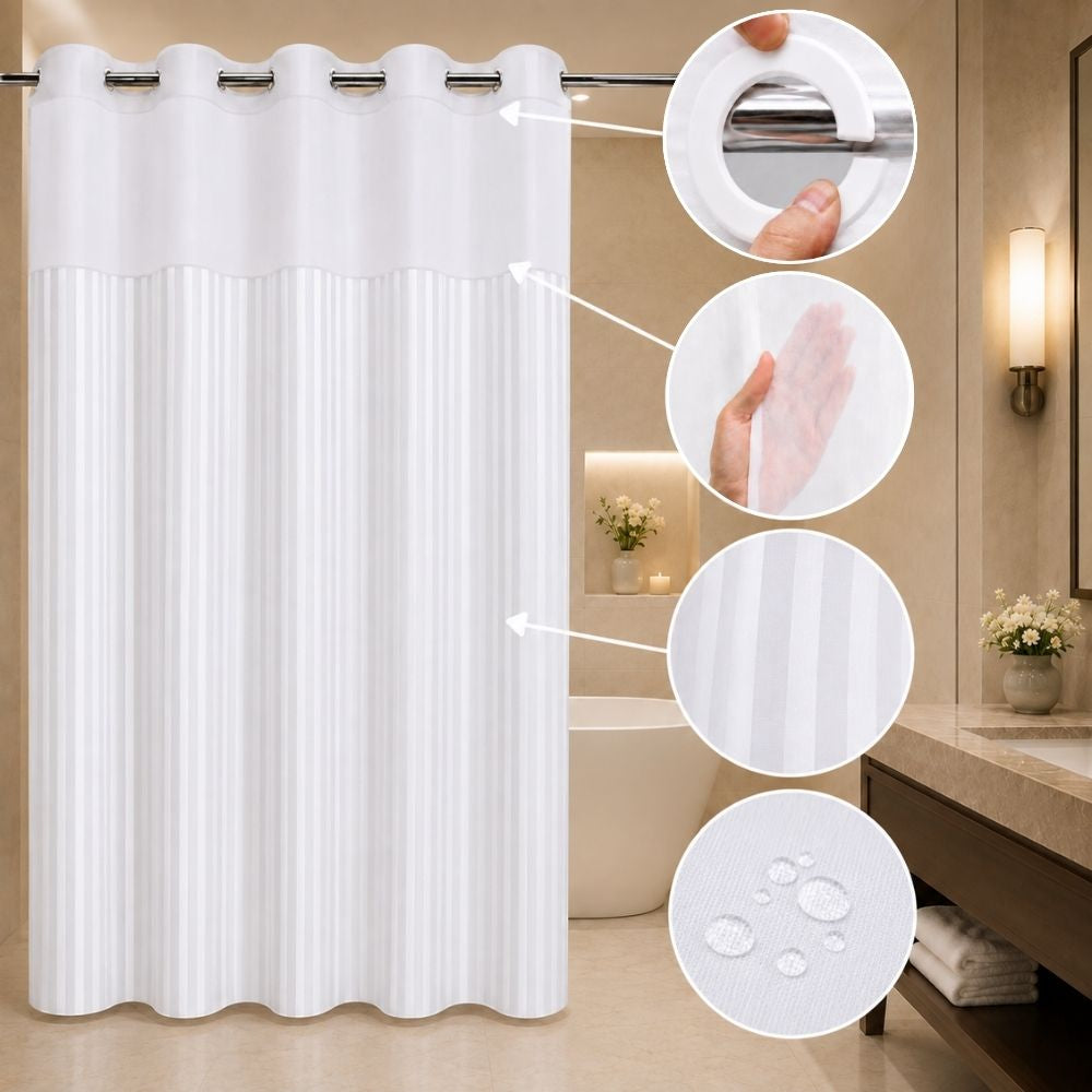 White striped hookless shower curtain with sheer window panel, easy-install rings and water-repellent fabric in a modern bathroom.