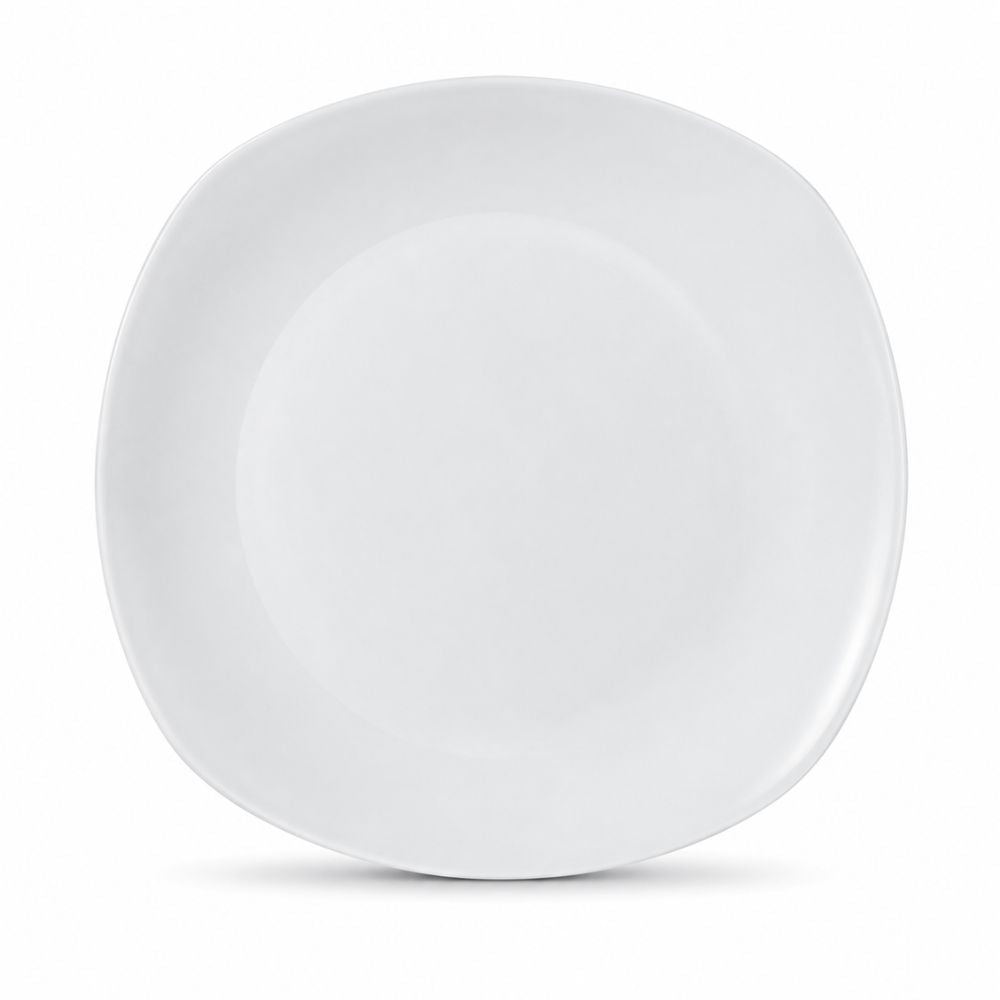White porcelain rounded-square dinner plate with a smooth glazed finish for main courses and everyday dining.