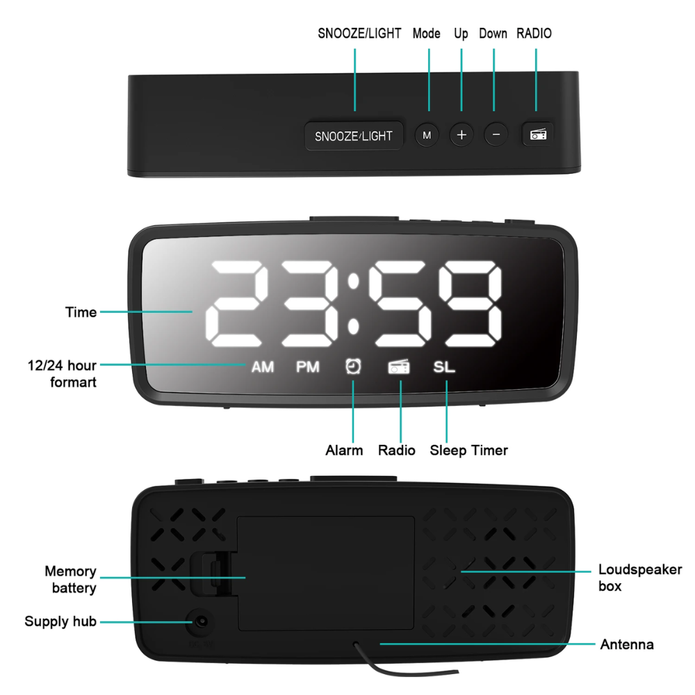 Alarm Clock with FM Radio with functional options.