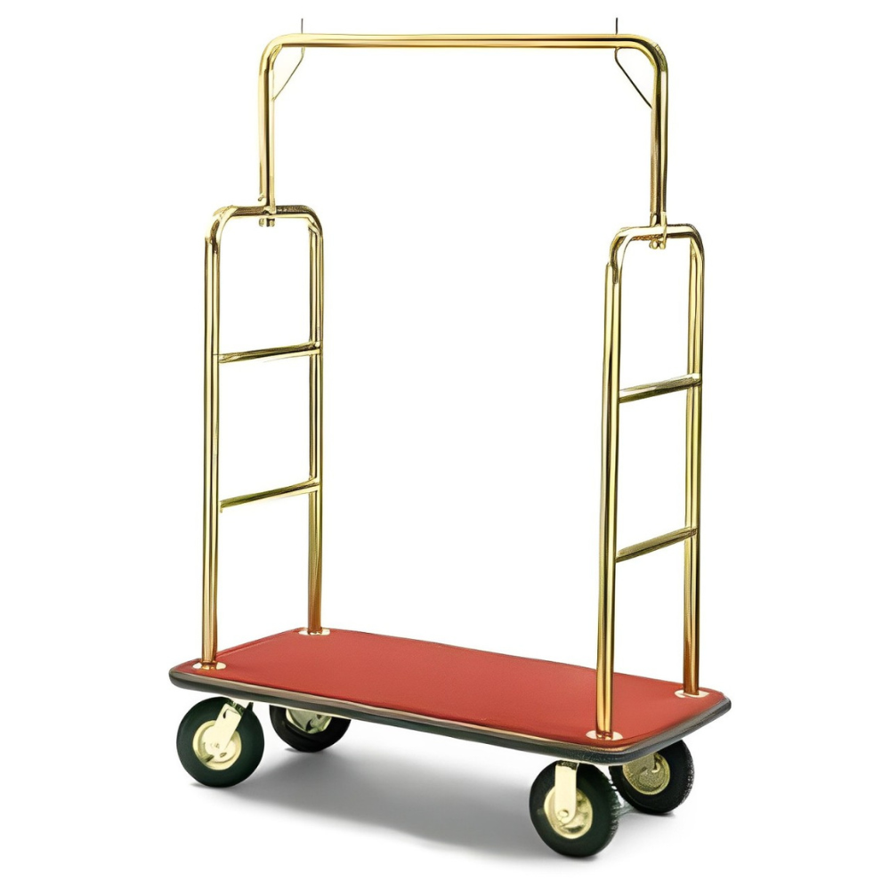 Hotel & Condo Bellman Luggage Cart Stainless Steel Trolley - Gold Plated with Crowned Top