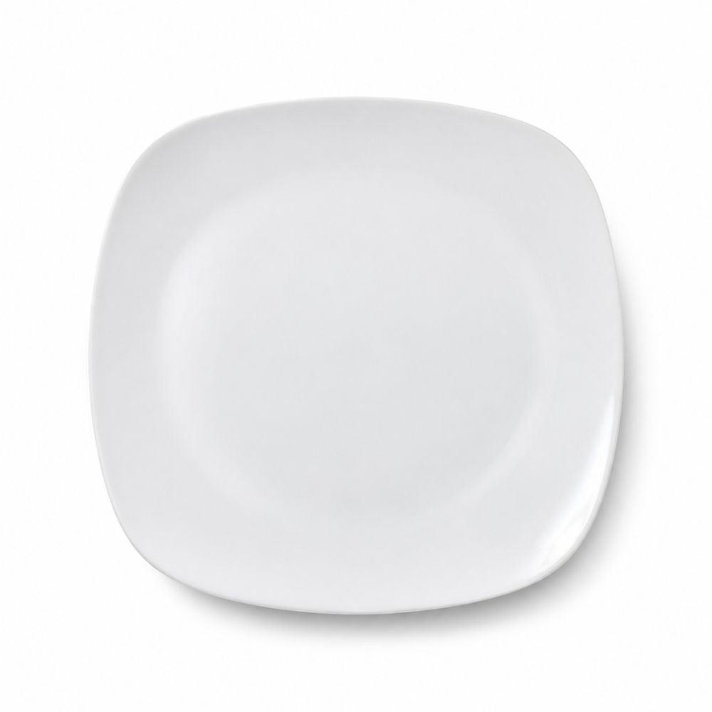 White porcelain rounded-square side plate for salads, desserts, appetizers, snacks and smaller meal portions.