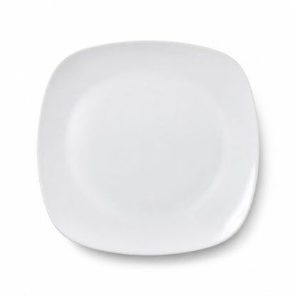 White porcelain rounded-square side plate for salads, desserts, appetizers, snacks and smaller meal portions.