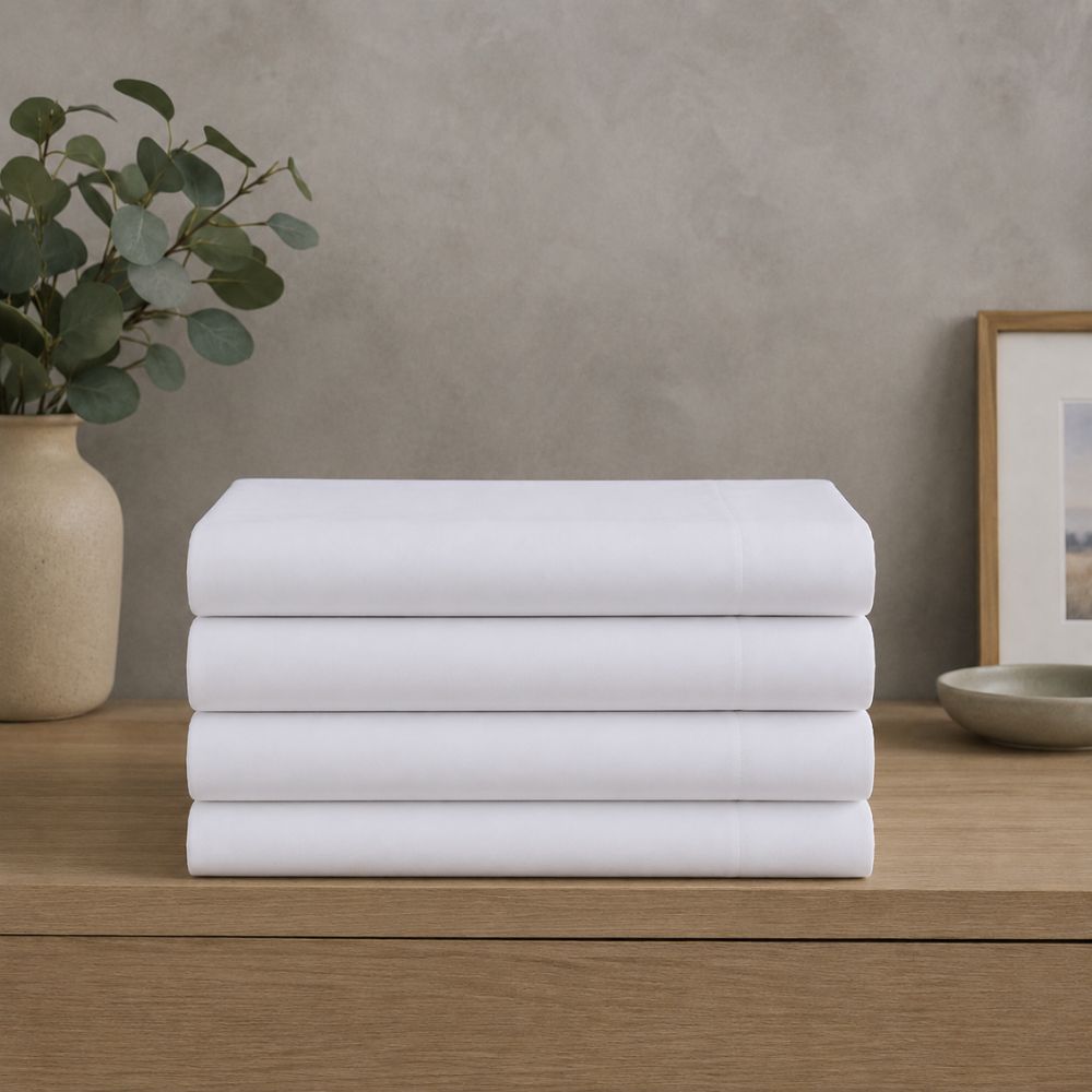 Stack of neatly folded white microfiber flat sheets with a soft, smooth finish, ideal for fresh and comfortable everyday bedding.