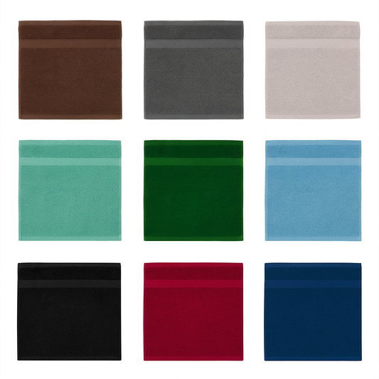 Set of 12x12" spa and hotel washcloths in nine colors, soft, quick-drying, and durable—ideal for hospitality use and sensitive skin care.