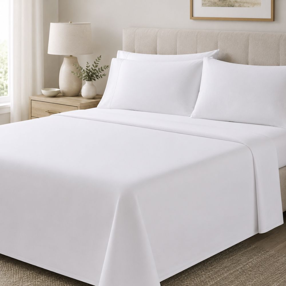 White microfiber flat sheet styled on a modern bed with crisp pillows, creating a clean and comfortable bedroom presentation.