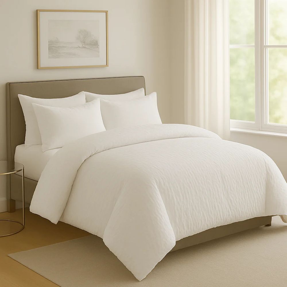 White crinkle prewash duvet styled in a bright bedroom with white pillows for a warm, cozy and contemporary bedding look.
