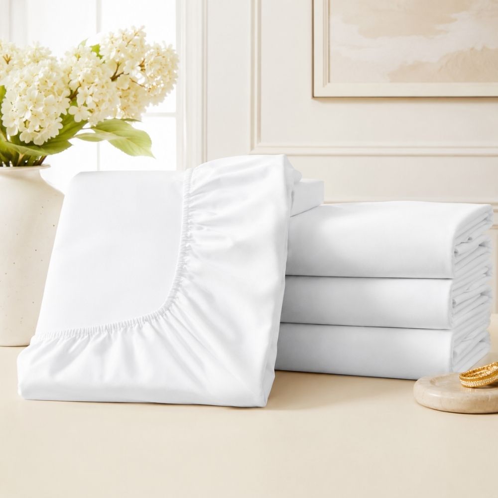 CH Series Premium white fitted sheet with elasticized corners and neatly folded bedding, designed for a smooth, secure mattress fit.