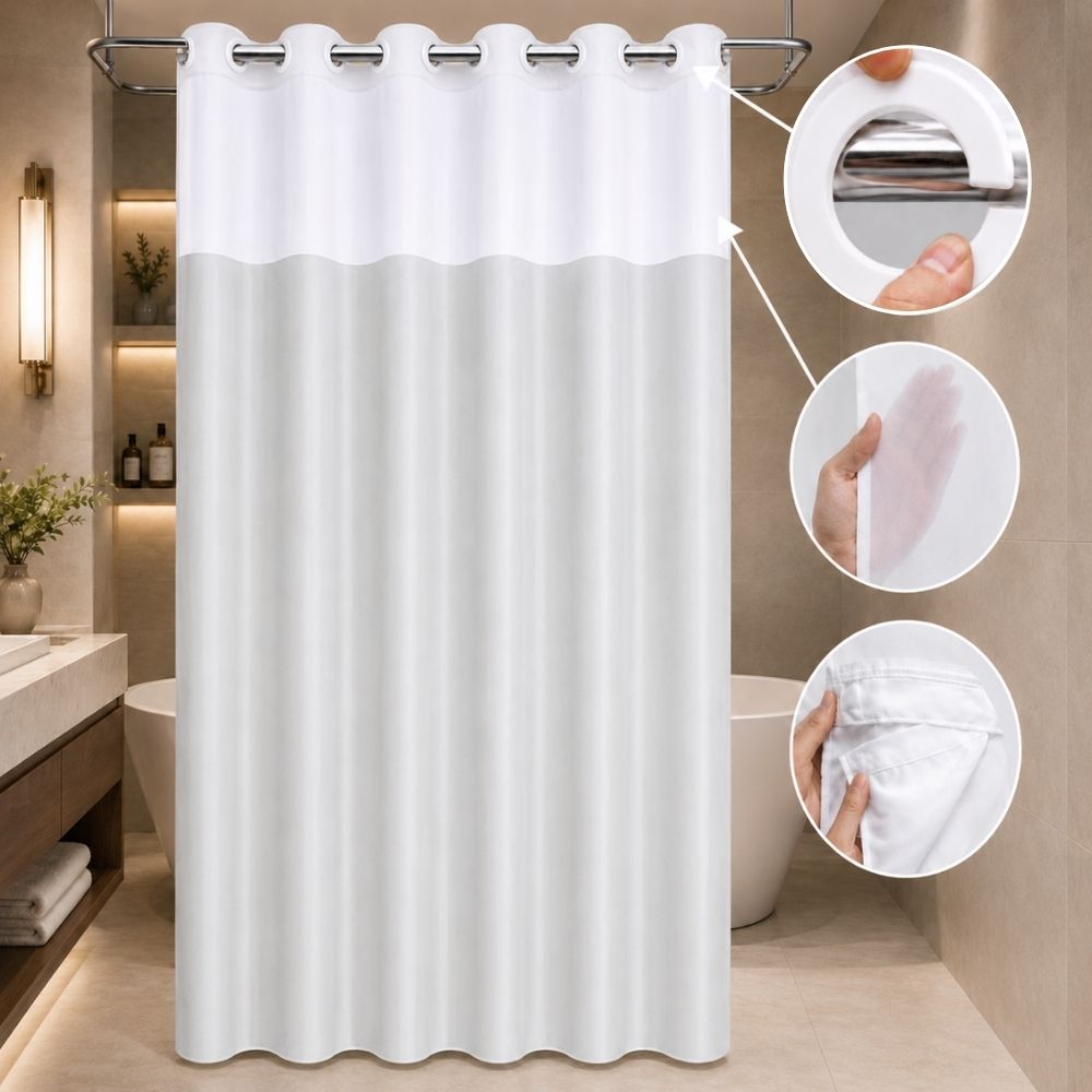 White hookless shower curtain with sheer viewing panel, built-in rings and removable liner for a clean modern bathroom setup.