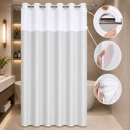 White hookless shower curtain with sheer viewing panel, built-in rings and removable liner for a clean modern bathroom setup.