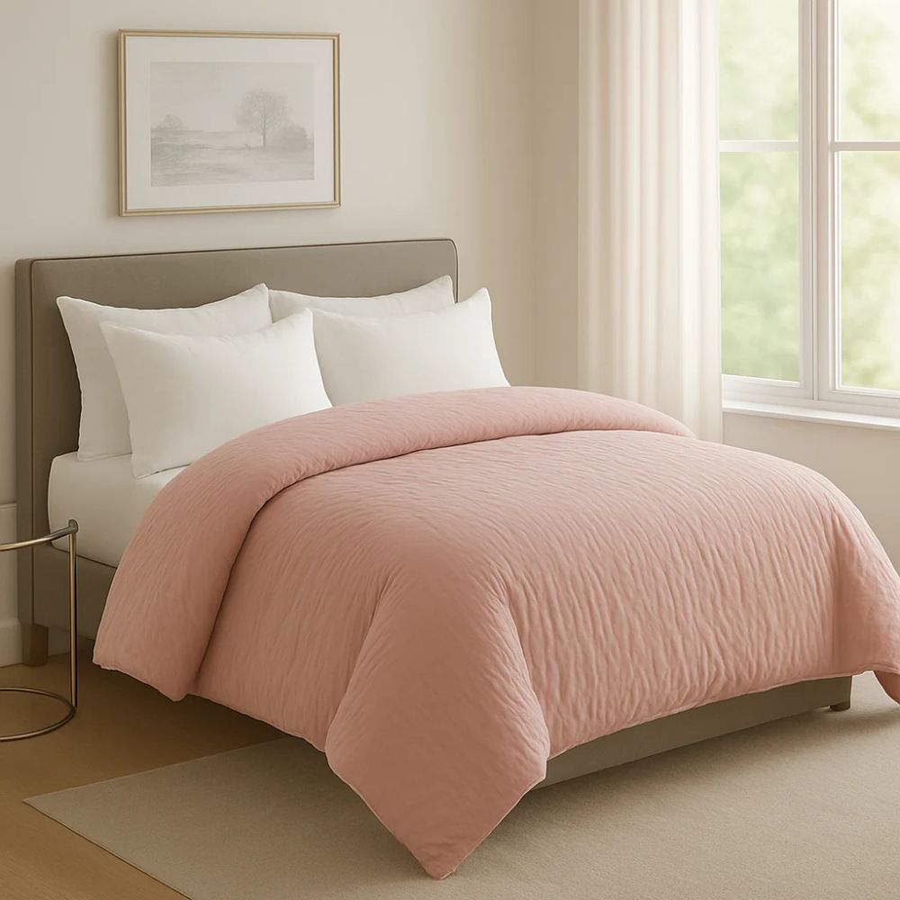 Pink blush  crinkle prewash duvet displayed on a modern bed with crisp white pillows for a vibrant and polished bedroom setup.