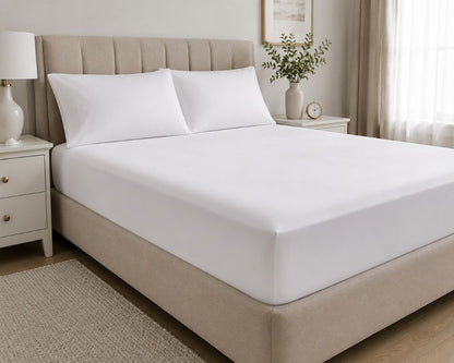 CH Series Premium white fitted sheet securely fitted on a modern bed, creating a smooth, clean and comfortable bedroom finish.