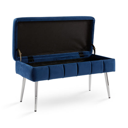 Marcella Storage Bench Blue Velvet Open: Revealing ample storage space when lifted, showcasing the versatility and functionality in a chic design