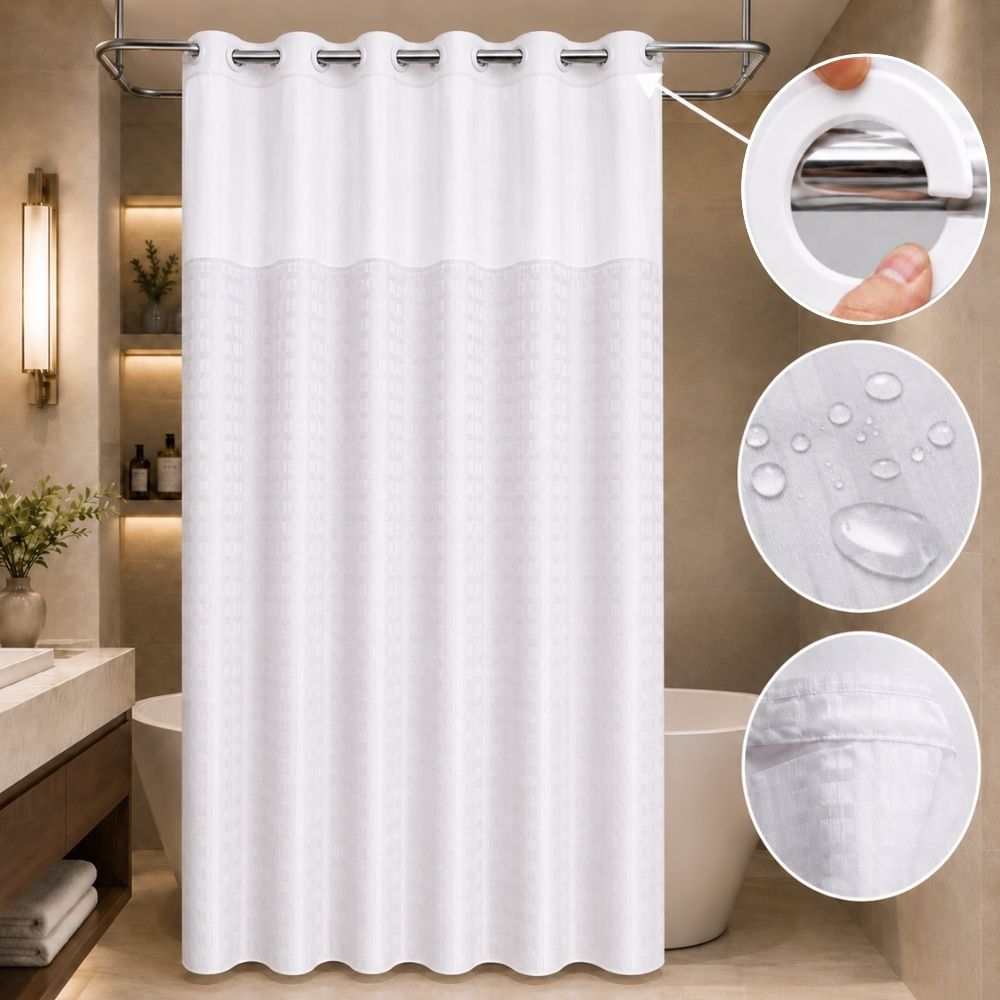 White lattice hookless shower curtain with easy-install rings, water-resistant fabric and removable liner details in a modern bathroom.