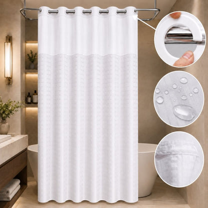White lattice hookless shower curtain with easy-install rings, water-resistant fabric and removable liner details in a modern bathroom.