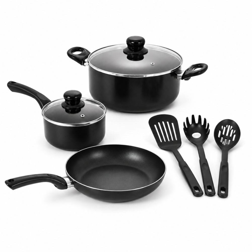 8-piece black non-stick cookware set with frying pan, saucepan, large cooking pot, glass lids and three kitchen utensils.