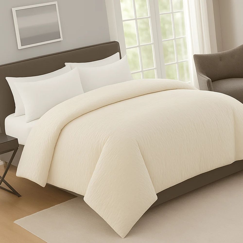 Sweet Cream crinkle prewash duvet displayed with white pillows in a bright neutral bedroom for a clean and versatile bedding look.