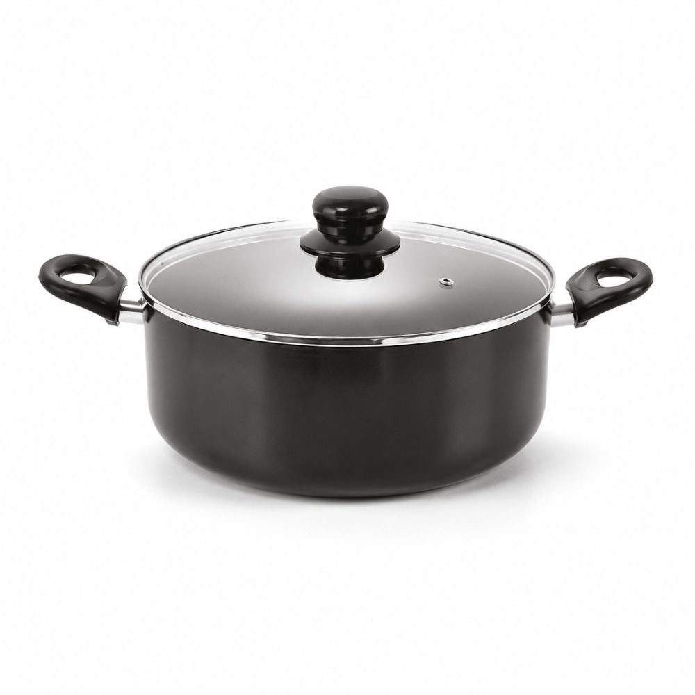 Large black non-stick cooking pot with two side handles and clear glass lid for boiling, simmering and everyday meal preparation.