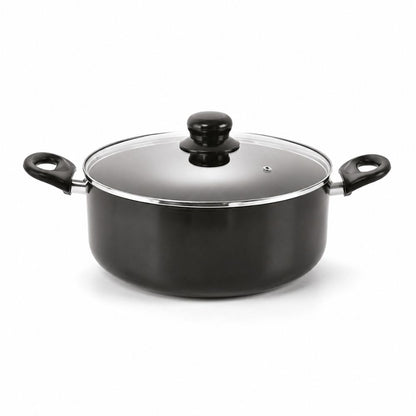 Large black non-stick cooking pot with two side handles and clear glass lid for boiling, simmering and everyday meal preparation.