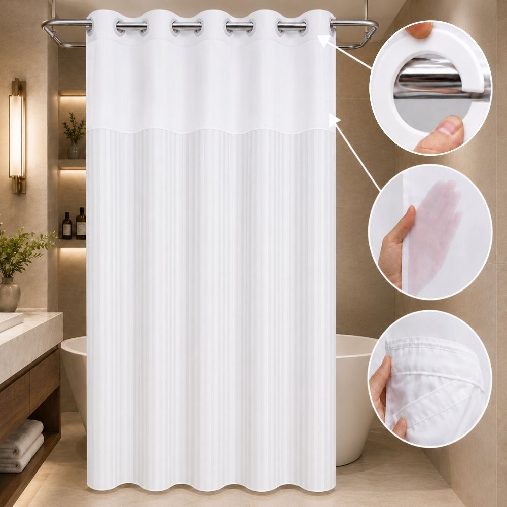 White striped hookless shower curtain with sheer window, integrated rings and removable liner shown in an elegant modern bathroom.