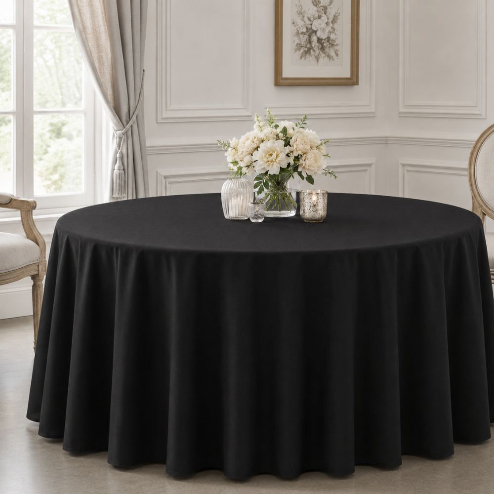 Black round tablecloth draped over a dining table with a white floral centrepiece in an elegant neutral interior.