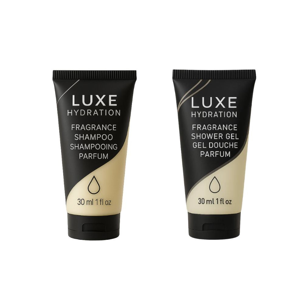 Luxe Hydration fragrance shampoo and shower gel travel-size toiletries, 30ml each, for daily personal care at home, the gym or on trips.