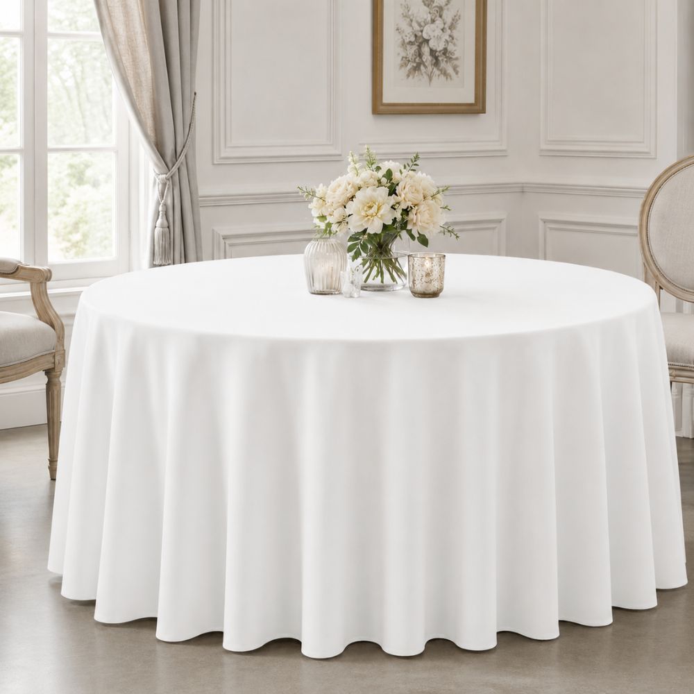 White round tablecloth covering a dining table with soft floor-length draping and floral décor in a bright formal room.