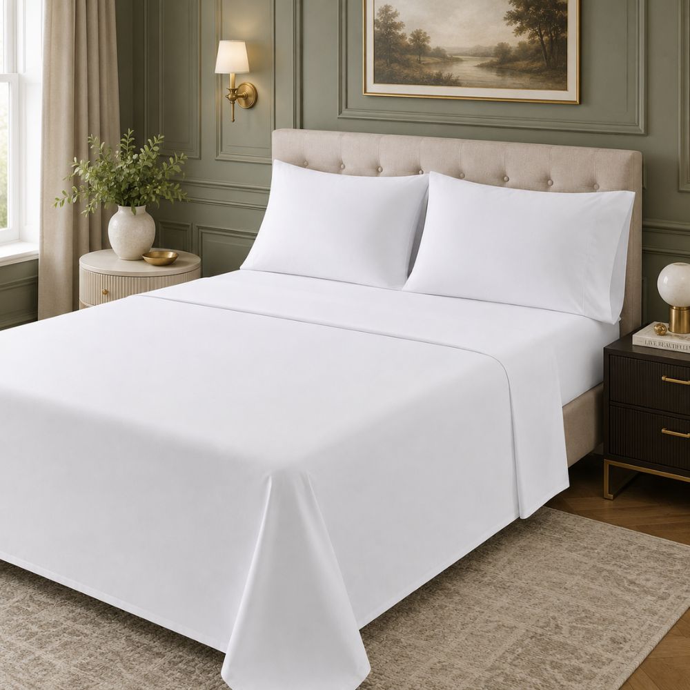 Classic white microfiber top sheet styled on an elegant bed, creating a smooth, comfortable and polished bedroom appearance.