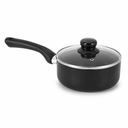 Black non-stick saucepan with long handle and clear glass lid for sauces, soups, vegetables and everyday cooking.