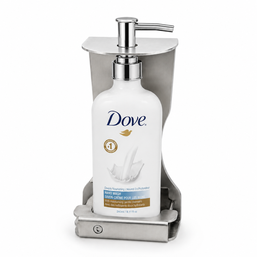 Dove body lotion bottle secured in a polished stainless steel single dispenser bracket for a clean, organized bathroom setup.
