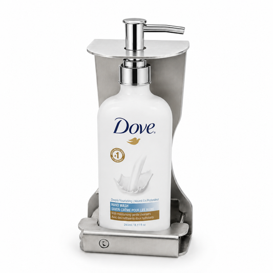 Dove body lotion bottle secured in a polished stainless steel single dispenser bracket for a clean, organized bathroom setup.