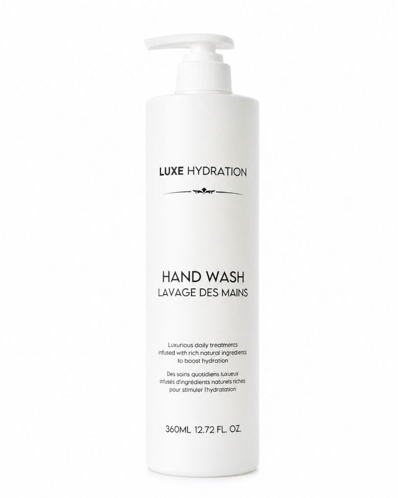 Luxe Hydration 360 ml hand wash pump bottle on a white background, designed for gentle everyday cleansing in modern home bathrooms.