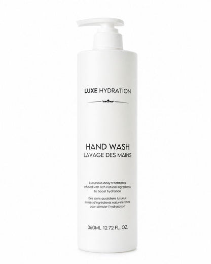 Luxe Hydration 360 ml hand wash pump bottle on a white background, designed for gentle everyday cleansing in modern home bathrooms.