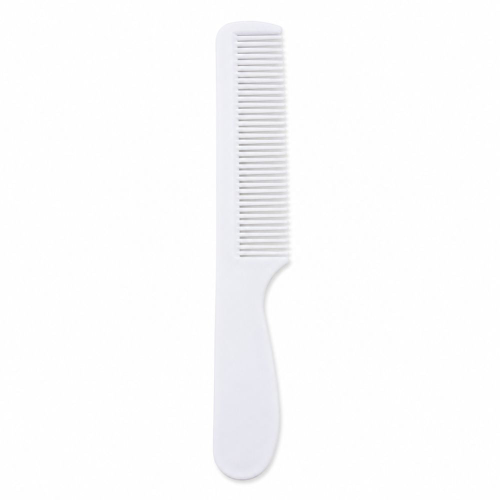White handled fine-tooth comb on a clean background, designed for easy everyday grooming, travel and personal care.